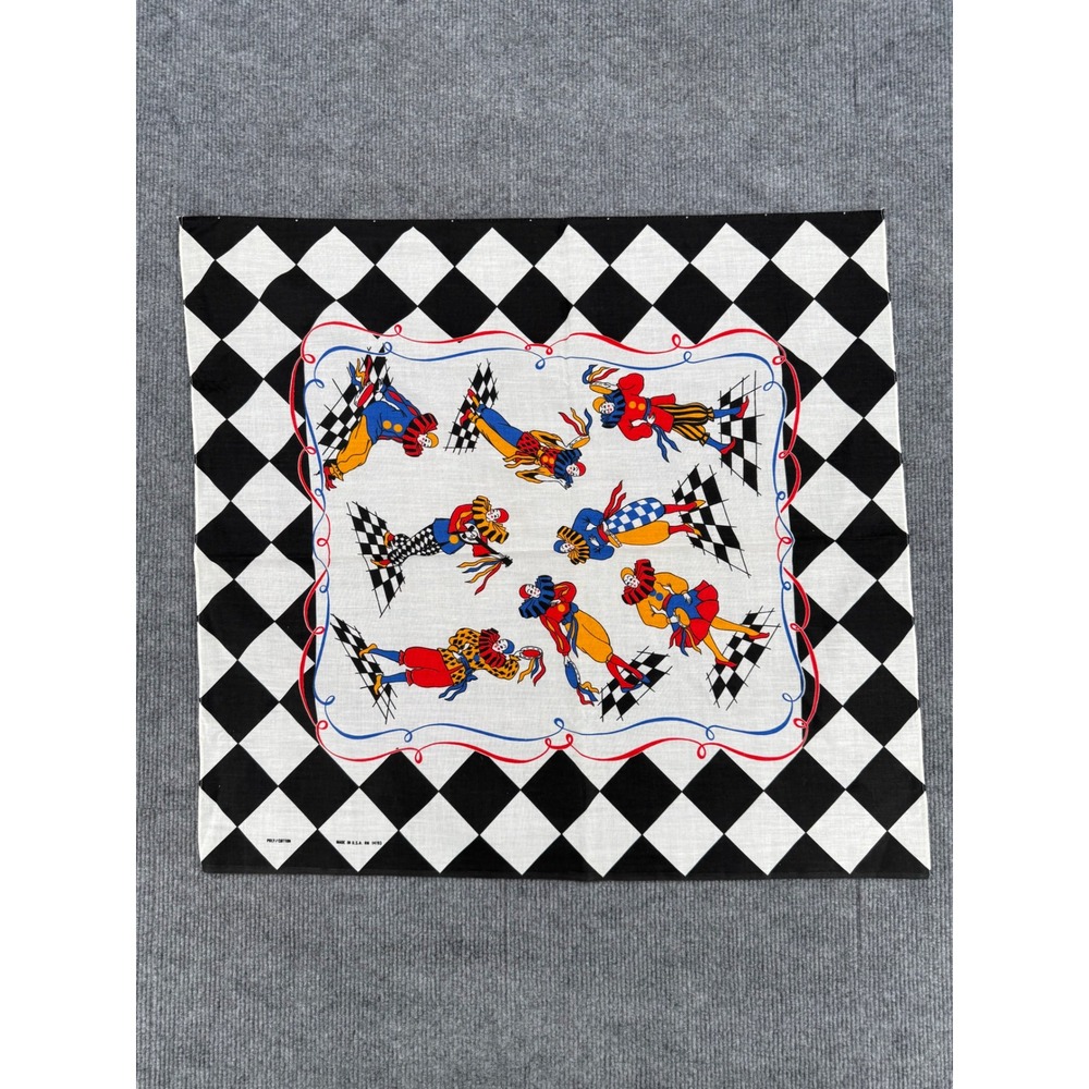 Vintage Made in USA Clown Jester Bandana Black White Checkered Scarf RN 14193